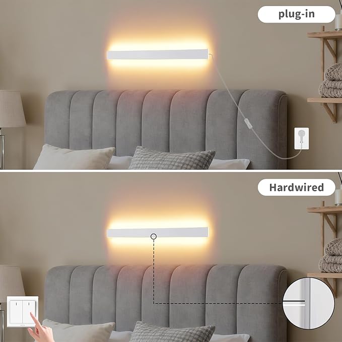 KELUOLY Modern Plug in Wall Sconces, 23.6 inch Frosted White LED Long Wall Lights, 12W Warm White 3000K Acrylic Indoor Wall lamp,with 59" Plug Cable for Bedroom, Living Room, Bathroom Makeup, Hallway