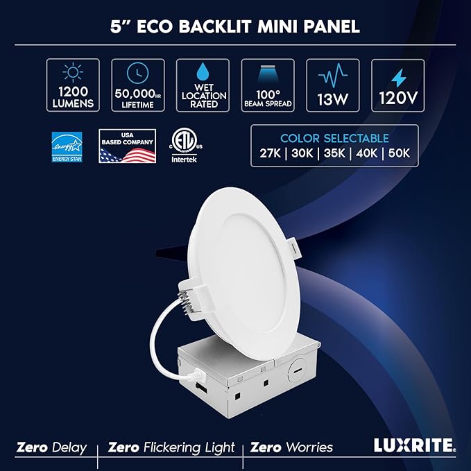 LUXRITE 5 Inch LED Recessed Light, ECO Backlit Mini Panel Spotlight, 5CCT 2700K-5000K, 1200 Lumens, High Output, 13 Watts, Dimmable, IC Rated, Wet Rated, ETL Listed, Energy Star, Round (12 Pack)