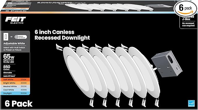 Feit Electric 6" LED Canless Recessed Downlights with Tethered Jbox, Slim, 65W Replacement, Dimmable, 5CCT Adjustable White, 90 CRI, 850 Lumens, LEDR6XT/6WYCA/6, 6 Pack