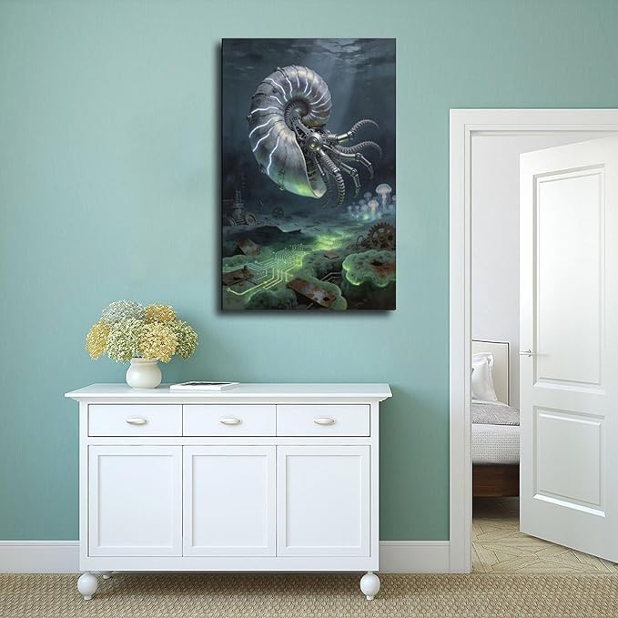 Framed Steampunk Mechanical Nautilus Wall Art - Underwater Industrial Poster for Man Cave Studio Decor 12x18inch(30x45cm)