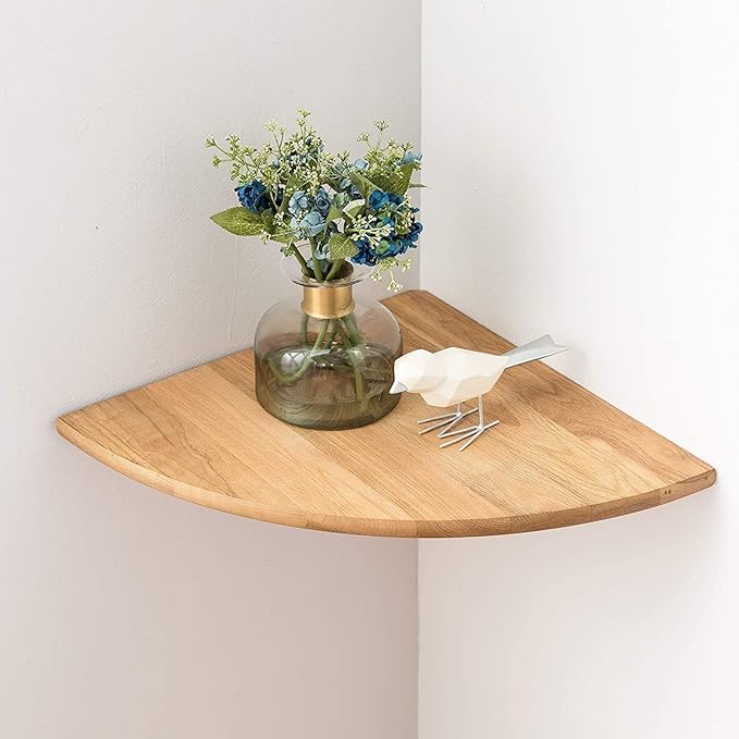 Corner Shelf, Solid Oak Wood Floating Corner Shelf Wall Mount Round End Floating Speaker with Wire Hole for Small Plant Photo for Bedroom Kitchen, Living Room