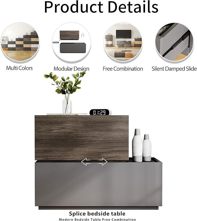Modern Nightstand Modular Stackable Drawers Modular Storage Bedroom Furniture Set - Bedside Table, Storage Cabinet, Sofa End Table for Bedroom Living Room Hallway Entryway Black Large
