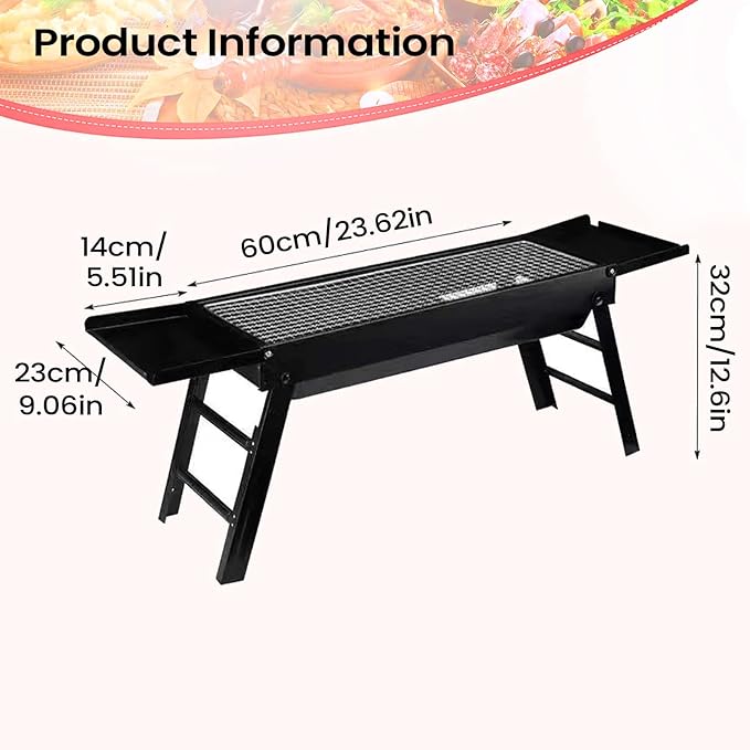 Portable Charcoal Grill, Removable Stove, 88x22x31cm, Foldable BBQ Stove, Outdoor Cooking Grill, Portable Handle, for Garden Outdoor Camping Cooking Picnic Travel Backyard