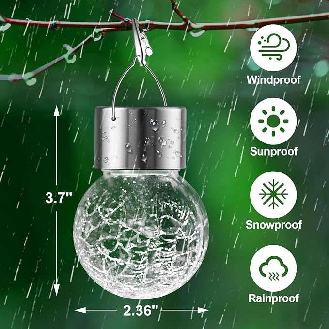 Solar Lights Outdoor Hanging Decorative Globe 24 Pack, Waterproof Solar Lantern with Handle and Clip, Solar Powered Glass Ball Lights for Garden Yard Fence Tree Umbrella Holiday Décor, Warm White