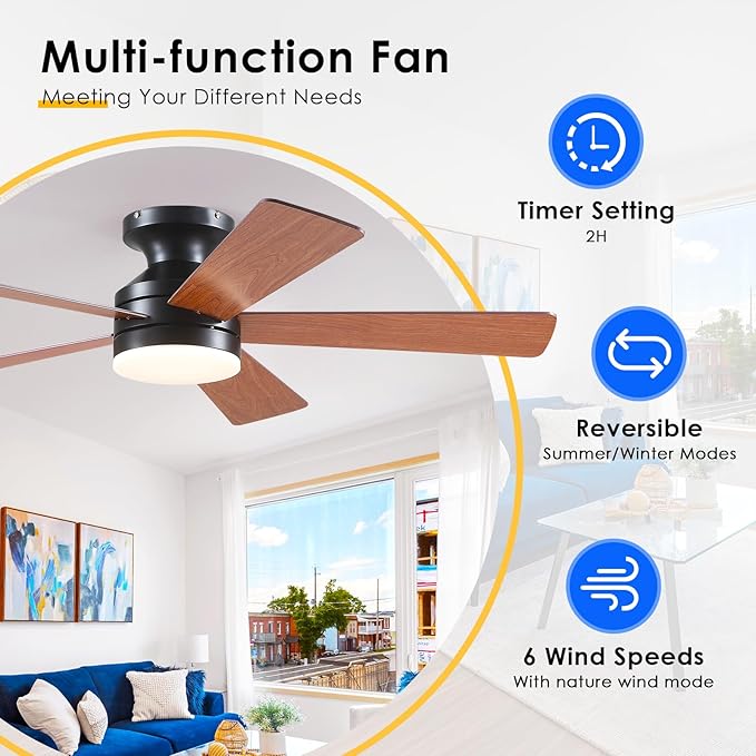 Flush Mount Ceiling Fan with Lights - 46IN Modern Indoor/Outdoor Ceiling Fan Light with Remote/APP, Low Profile Fan Light with 6 Speeds, Dimming, for Bedroom, Living Room, Brown