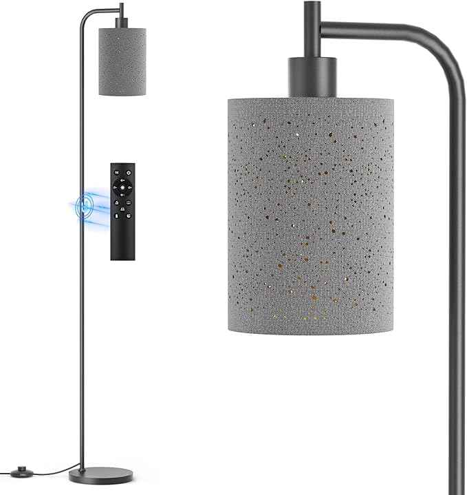 Floor Lamp with Linen Shade, Dimmable Tall Standing Lamp with Remote Control & 3 Color Temperatures, Modern Floor Lamps for Living Room Bedroom Office Corner, 9W LED Bulb Included