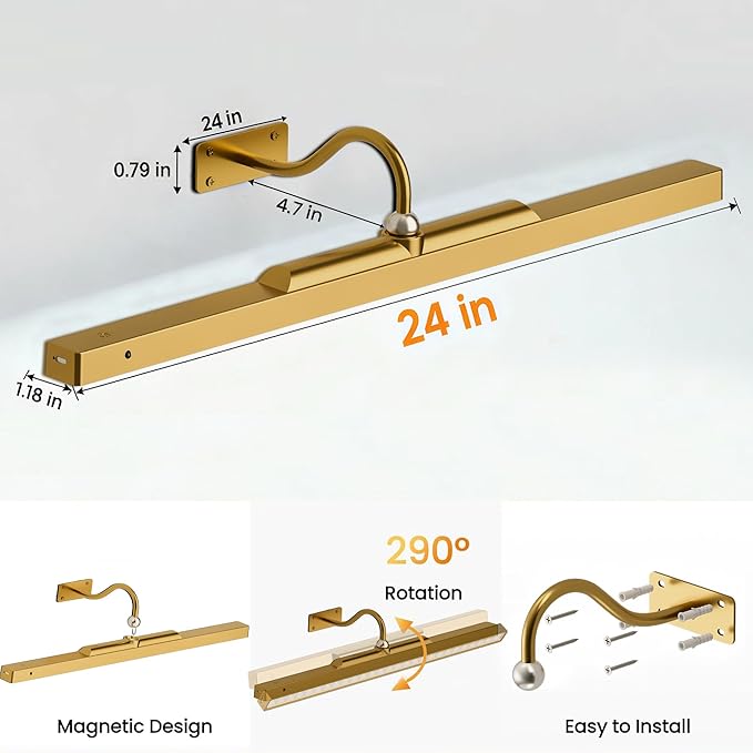 2 Pack 24 Inch Wall Lights for Pictures - Cordless Rechargeable Wall Sconces with Dimmable Remote for Above Mirror, Painting & Décor (Antque Gold)