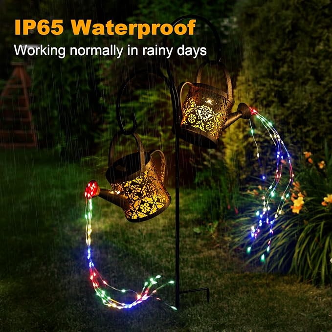 MEREAR Solar Watering Can Lights Outdoor with 8 Multi-Color Changing Modes, IP65 Waterproof Landscape Light Garden Decor, One Pole Two Lights Outside Decorations for Lawn, Backyard, Patio, Chrismas