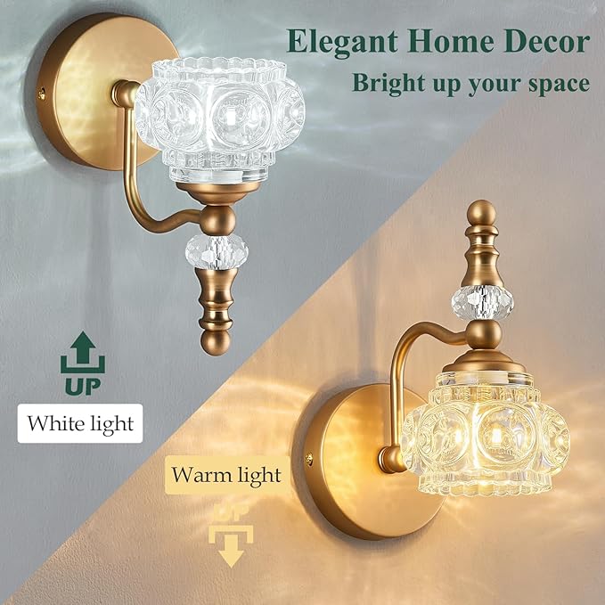 Modern Glass Crystal Vanity Light - Vintage Bathroom Lighting Fixtures Over Mirror, 2 Pack Vanity Lights G9 Bulb (7.87 Inch,Brass)