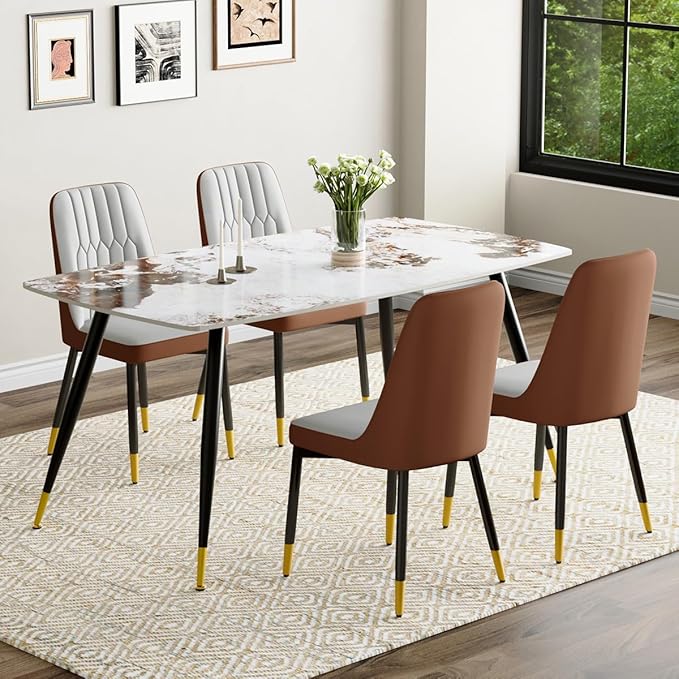 Modern Dining Table Set for 4, 62'' Sintered Stone Dining Table with 4 Chairs, Easy to Assemble