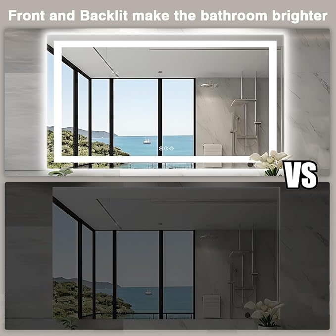 60"x36" LED Mirror for Bathroom, Front and Backlit, Anti-Fog Bathroom Mirror with Lights, Stepless Dimmable Lighted Mirror, 3 Colors Smart Mirror (Horizontal/Vertical)