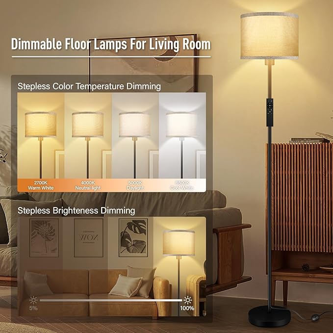 Floor Lamps for Living Room, Stepless Dimmable Floor Lamp with Remote, 2700K-6500K Colors Temperature & Brightness Adjustable,10W/1200LM Jute LED Floor Lamp, Modern Standing Lamp for Bedroom/Office