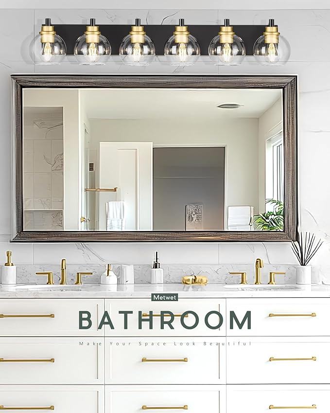 Bathroom Light Fixtures, 6-Light Black and Gold Bathroom Vanity Light, 38 Inch Modern Wall Sconces with Globe Clear Glass Shade, Vanity Lighting Fixtures Over Mirror, VL195-KG-6
