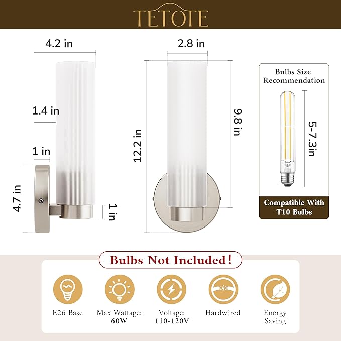 TETOTE Brushed Nickel Wall Sconces Set of Two Modern Bathroom Wall Light Fixtures Farmhouse Wall Lights with Frosted Glass Shade for Mirror Bedroom Living Room