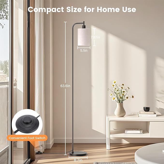 Floor Lamp with Linen Shade, Dimmable Tall Standing Lamp with Remote Control & 3 Color Temperatures, Modern Floor Lamps for Living Room Bedroom Office Corner, 9W LED Bulb Included