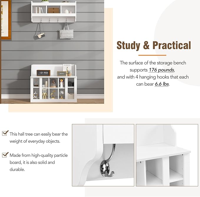 Shoe Storage Bench with Shelves and 4 Hooks, Entryway Hall Tree with Shoe Cabinet with Coat Rack