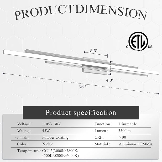 55 Inches Nickel LED Modern Bathroom Vanity Light Fixtures Dimmable 5CCT Vanity Light Bar Over Mirror 3-Light Wall Light for Bathroom Over Mirror Picture Light