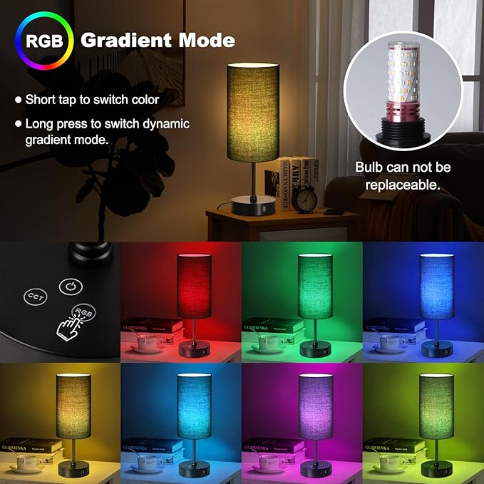 Unicozin Table Lamp for Bedroom, 3 Color Temperatures, 7 RGB Colors, Adjustable Brightness, Dual USB Charging Ports, Ambience Nightstand Light with Black Shade, Desk Lamp for Kids Reading Home Office