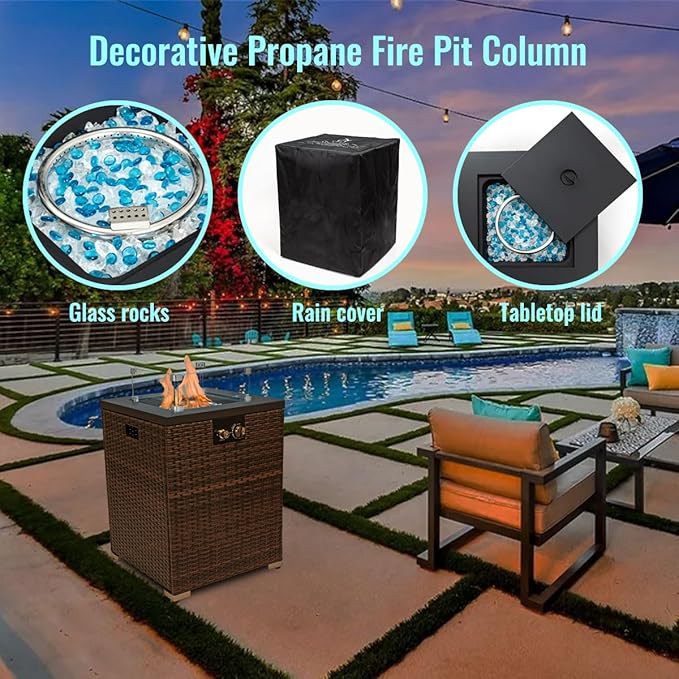 22in Outdoor Propane Gas Fire Pit Table, 40,000 BTU Auto-Ignition Gas Firepit with Glass Wind Guard, Painted Steel Tabletop, Mixed Color Glass Rocks, Brown PE Rattan