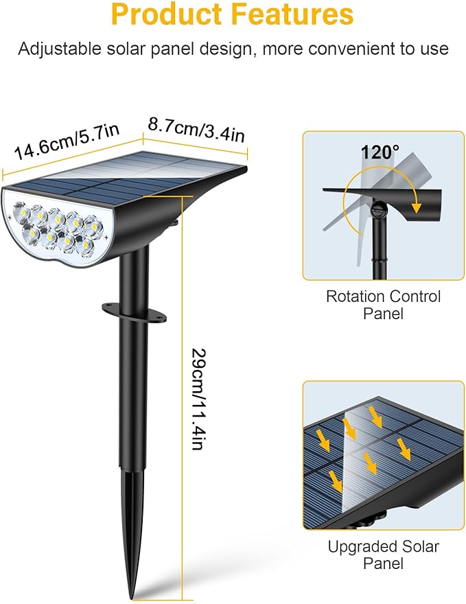 Solar Spotlights Outdoor Waterproof, 3 Lighting Modes Spot Lights, Dusk to Dawn Solar Powered Outdoor Lights for Yard Pathway Driveway Landscape, Warm White, 2 Pack