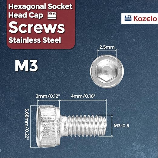 Kozelo 100pcs Socket Head Cap Screws - [M3-0.5 x 4mm] 304 Stainless Steel Allen Socket Drive for Electrical Motor 3D Printing Fan Engine Replacement Use, Silver