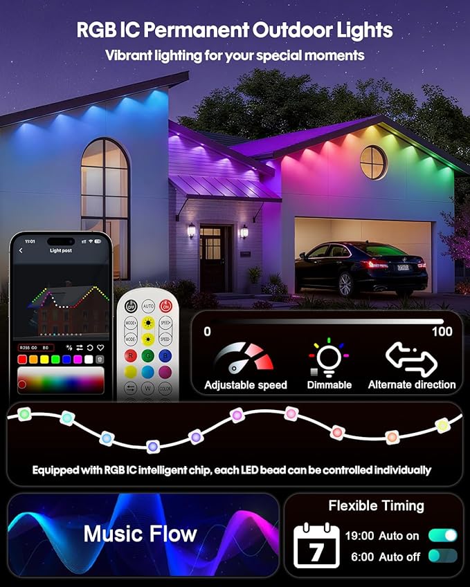 Permanent Outdoor Lights 50FT, Smart RGB+IC Eave Lights with Remote APP Control, DIY LED Color Individual, White & Colorful Christmas String Light, IP67 Waterproof for House Outside Decor