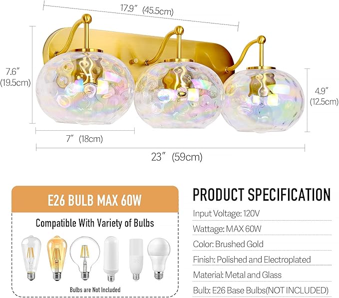 23" Brushed Gold Vanity Light Stained Hammered Glass Wall Sconce 3-Light Brass Wall Lamp for Hallway Living Room Stairwell Bathroom Over Mirror (Brass Gold, 3-Light)
