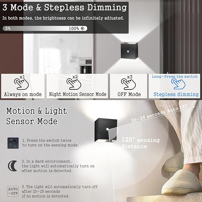 Wall Lights with Motion Sensor Indoor LED Modern Wall Lamp Brightness Adjustable Wall Sconce Recargables USB Con Batería Lighting Fixtures for Living Room Bedroom Corridor (Warm Light,Black)