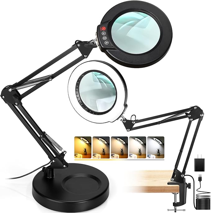 10X Magnifying Glass with Light and Stand, 2-in-1 Desk Lamp & Clamp Light, Seylae 5 Color Modes, Brightness Stepless Dimmable LED Lighted Magnifier Hands Free, Magnifier Lamp for Close Work, Reading