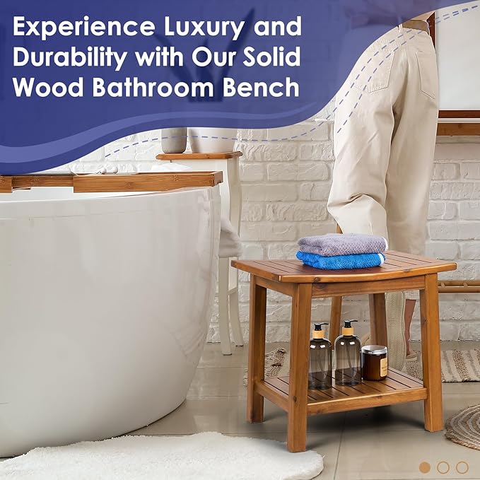 Teak Shower Bench, 20" Solid Wood Shower Stool Waterproof Shower Seat with Storage Shelf for Bathroom, Indoor & Outdoor Use