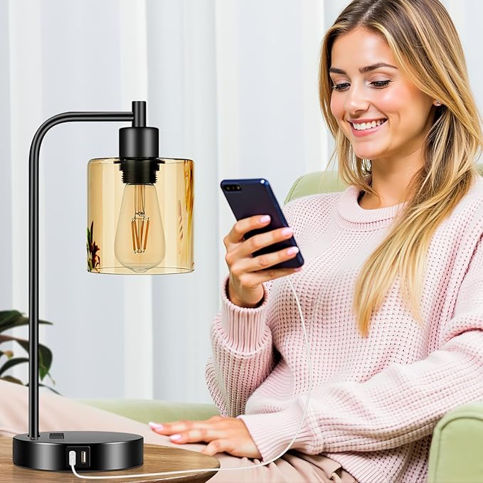 Set of 2 Industrial Touch Control Table Lamps with 2 USB Ports and AC Outlet - 3-Way Dimmable Black Bedside Lamp Nightstand Desk Lamps for Bedroom Living Room, Amber Glass Shade & 2 LED Bulbs Included