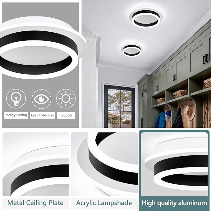 Round Modern LED Flush Mount Ceiling Lamp, 24W LED Light Fixture, Black Small Hallway Ceiling Light for Dining Room, Bedroom, Kitchen, Bathroom, Entryway Lighting (Cool White, 6000K)