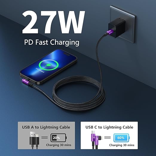 90 Degree iPhone Charger Cables 6FT, USB C to Lightning Cable [Apple MFi Certified] 3Pack Fast Charging, Nylon Braided USB C Lightning Cable Compatible with iPhone 14/13/12/11/Pro Max/Plus/8/7-Purple