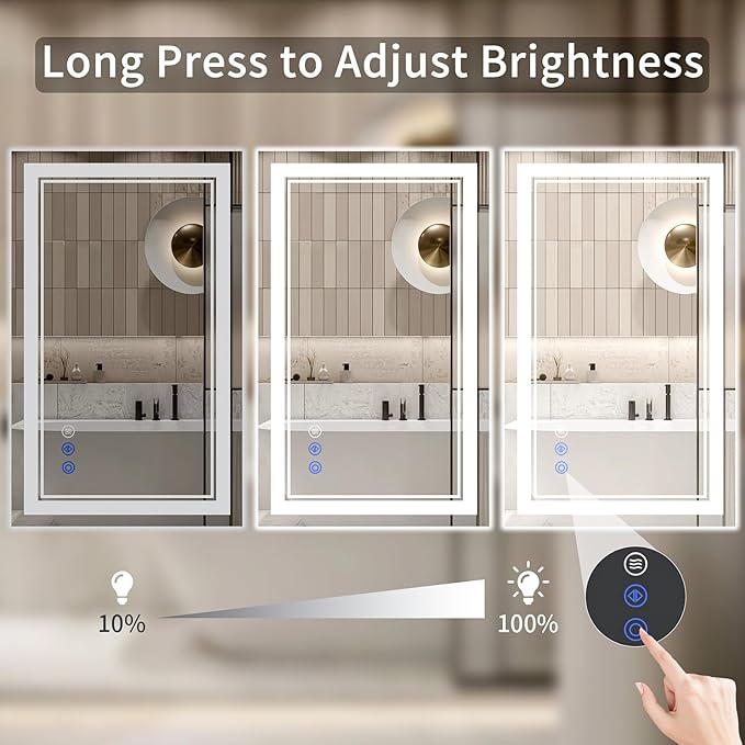 24X36 LED Bathroom Mirror with Lights, Anti-Fog, Backlit + Front Lit, Dimmable, Led Vanity Mirror for Wall, Lighted Bathroom Mirror, 3 Colors, Shatter-Proof Tempered Glass