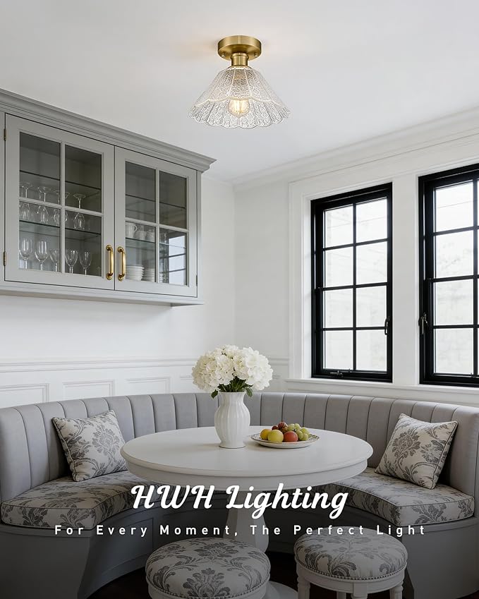 Gold Semi Flush Mount Ceiling Light, HWH 10 Inch Modern Hallway Light Fixtures Ceiling Mount for Kitchen Entryway Foyer, Glass Ceiling Lights in Brushed Gold Finish, Clear Floral Glass, 5HJX110F BG