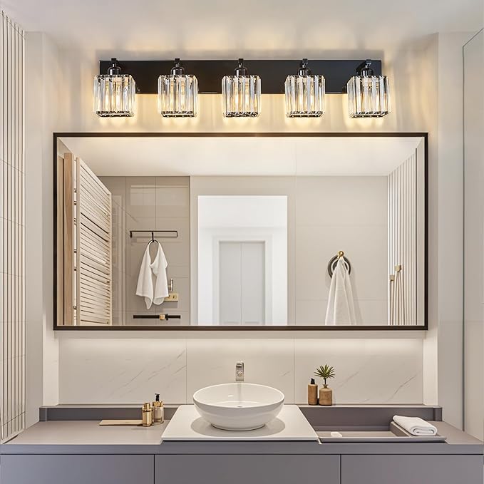Modern Bathroom Vanity Light 5-Lights Plating Black Crystal Bathroom Wall Light Vanity Light Fixtures