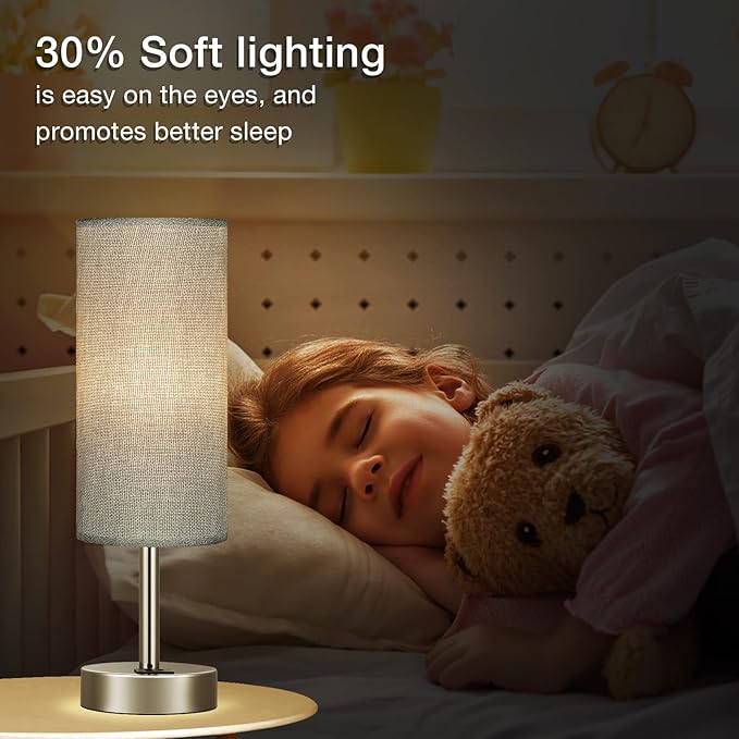 Grey Touch Nightstand Lamps for Girl - Small Bedside Lamp with USB-C and USB Charging Ports, 3 Way Dimmable Control Table Lamp for Living Room Office, Dorm, Reading with Fabric Shade Silver Base