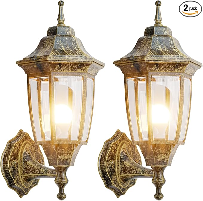 EMART Outdoor Front Porch Light, Exterior Anti-Corrosion, Waterproof Aluminum & Glass Shades Wall Lamp Fixture, Modern Sconce Lantern for Outside, House, Garage - 2 Pack, Gold （Bulb Included）