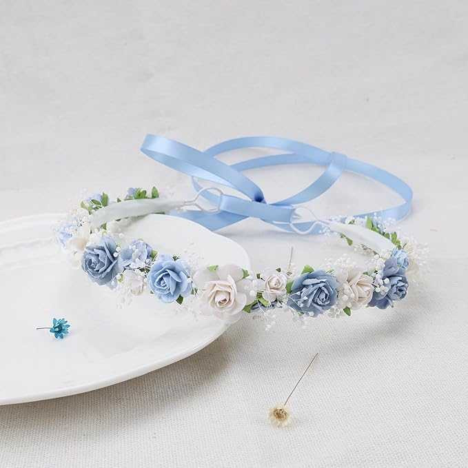 Dusty Blue Flower Girl Crown with Baby's Breath Children Baby Headpiece Young Girl Floral Hair Wreath Rustic Wedding Halo Hair Accessories Headband for Child(43cm length)