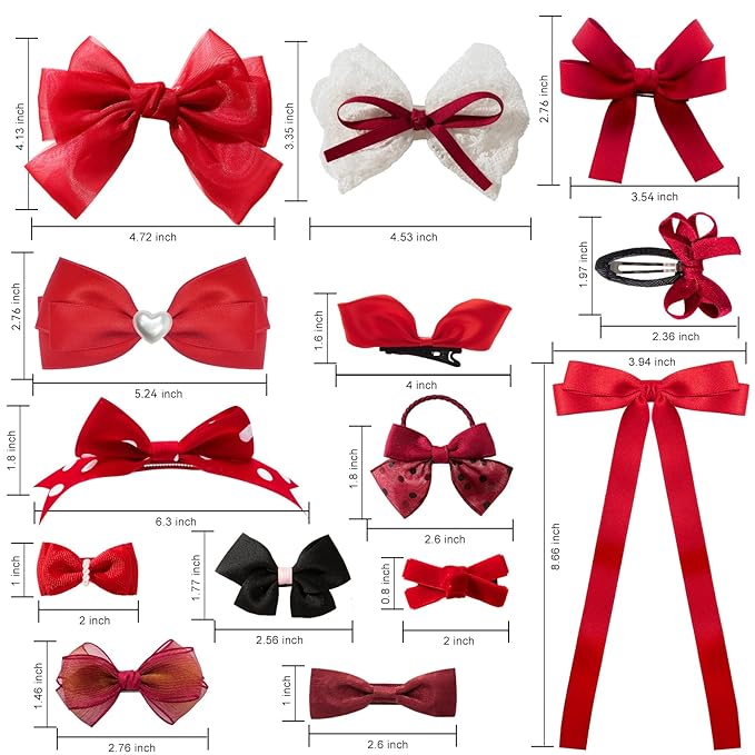 18pcs red hair bows for girls.Red bow with alligator hair clip,hair ties,snap clip hairpins.Handmade hair accessories for girls gift set