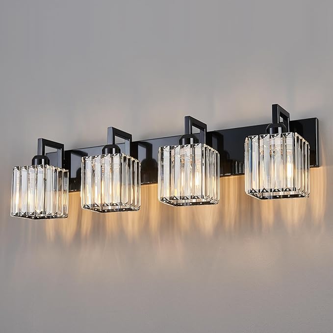 Modern Bathroom Vanity Light 4-Lights Plating Black Vanity Light Crystal Wall Light Bathroom Light Fixtures