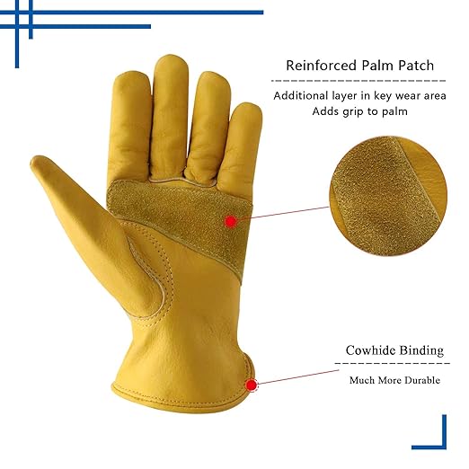 HANDLANDY HLDD 12 Pairs Cowhide Leather Work Gloves with Reinforced Palm for Men & Women (Yellow-12pairs, Small (Pack of 12))