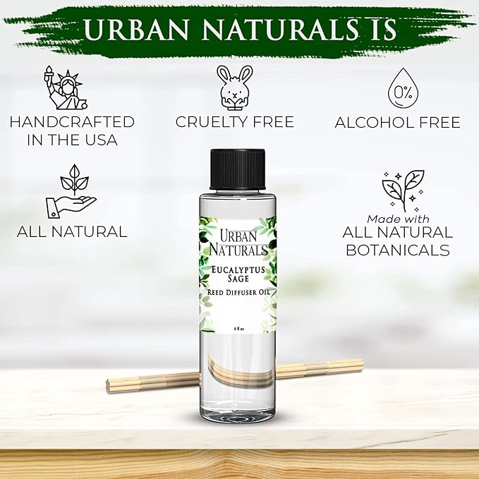 Urban Naturals Eucalyptus & Sage Oil Reed Diffuser Refill | Eucalyptus, Sage, Mint, Lime and Cedarwood| Includes a Free Set of Reed Sticks! 4 oz