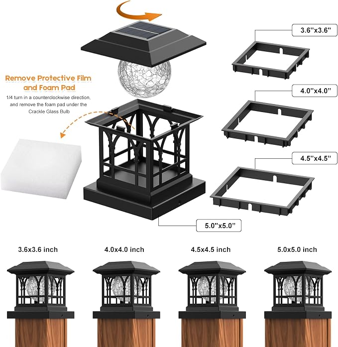 Fence Post Solar Lights, Crackle Glass Solar Post Cap Lights, 20 Lumens, Warm White & RGB Automatic Cycling 2 Modes for 3.6x3.6 4x4 4.5x4.5 5x5 Vinyl Wooden Posts Decoration, Black (6 Pack)