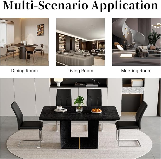63" Modern Black Dining Table Set for 4 with Chairs, 5 Piece Rectangular Dining Room Table and 4 PU Leather Chairs, Kitchen Dining Set with Matte Wood Finish, Geometric Base, Easy Assembly