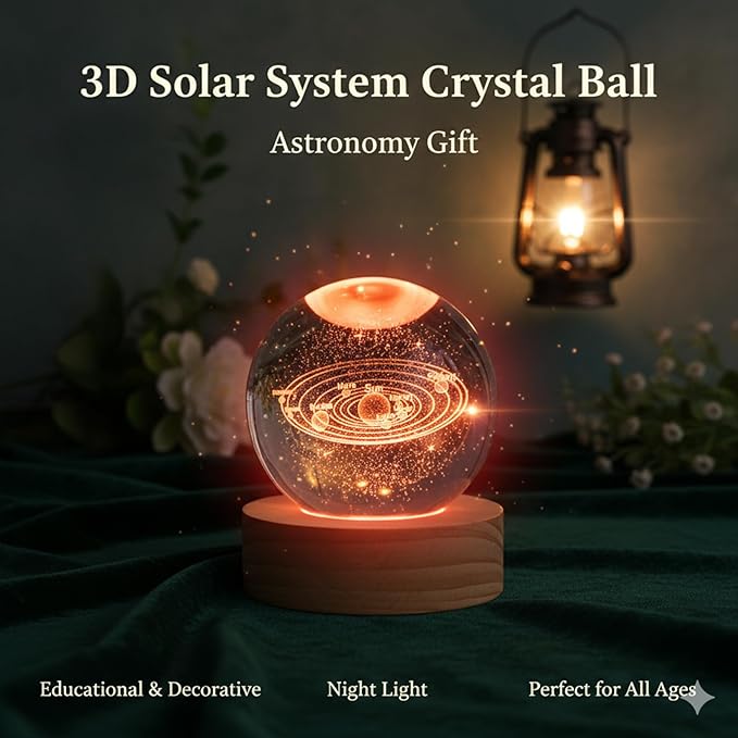 60mm 3D Crystal Ball Night Light, Galaxy Glass Sphere Lamp with 7 Color LED on Wooden Base, Crystal Globe Orb Light for Bedroom Decor, Celestial Space Birthday Gift for Teens Boys Girls (Moon)