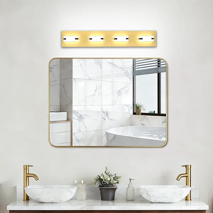 LED Bathroom Light Fixtures, 4-Light Modern Vanity Lights with Milky White Frosted Acrylic Shades, Gold Bathroom Lighting fixtures Over Mirror, ETL Listed, 27W (Cool White 5700K)