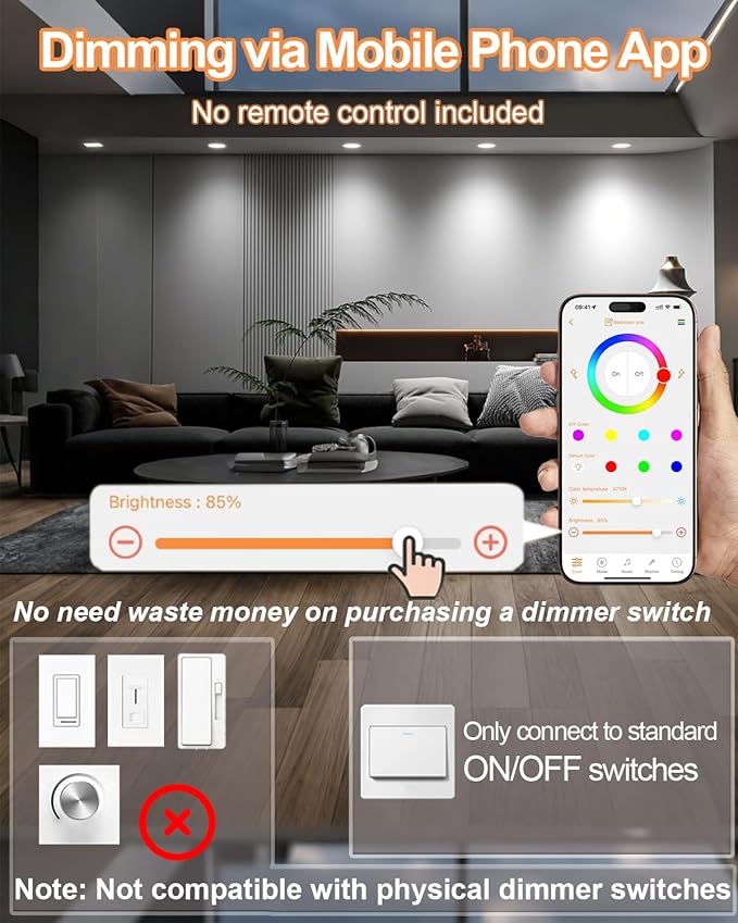 LED Recessed Lighting 6 inch/5 inch, Smart RGB Bluetooth Can Lights, 13W 1050LM, Color Changing, Retrofit Led Recessed Light Compatible with Alexa for Bedroom Living Room Kitchen, 6Pack
