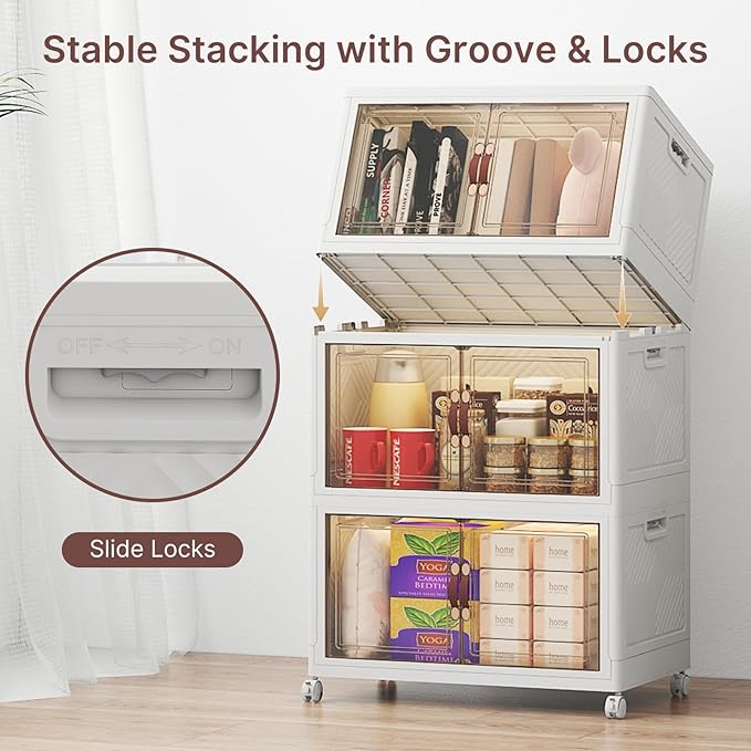Stackable Storage Bins with Lids, Large Collapsible Storage Bins with Wheels, Plastic Cabinet with Doors, Foldable Closet Organizers for Home, Dorm, Office (White-55QT, 3Pack with 1Top Lid)