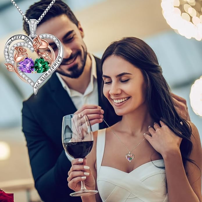 Iefil Christmas Gifts for Women Wife - 925 Sterling Silver Rose Heart Birthstone Necklace Birthday Anniversary Jewelry Gifts for Her Wife Mom Daughter